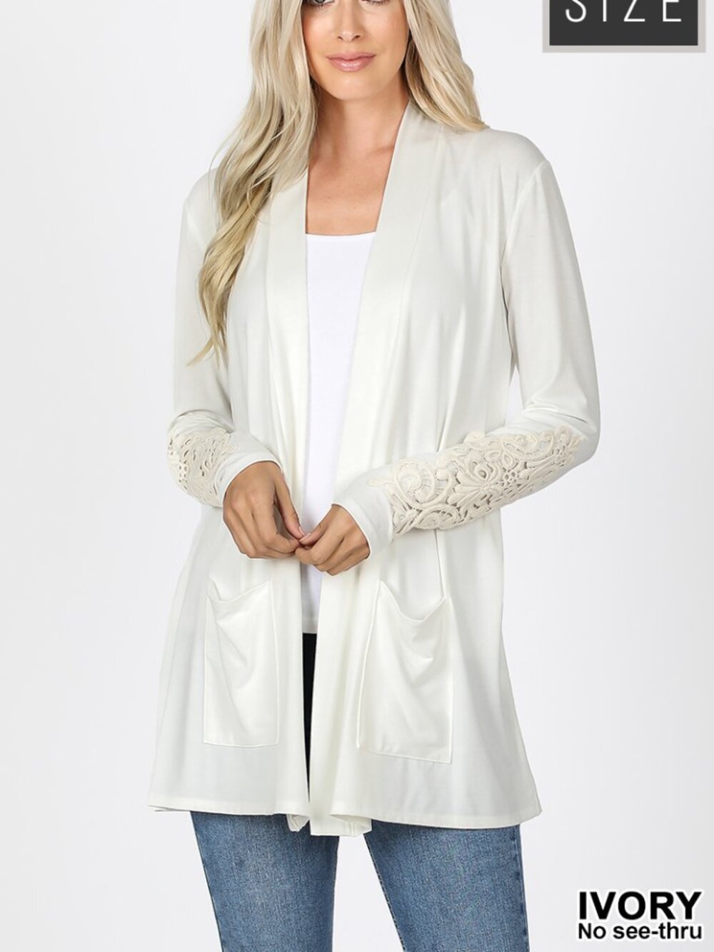 Women's Zenana Ivory Lace Patch Open Plus Size Cardigan~Size 1XL